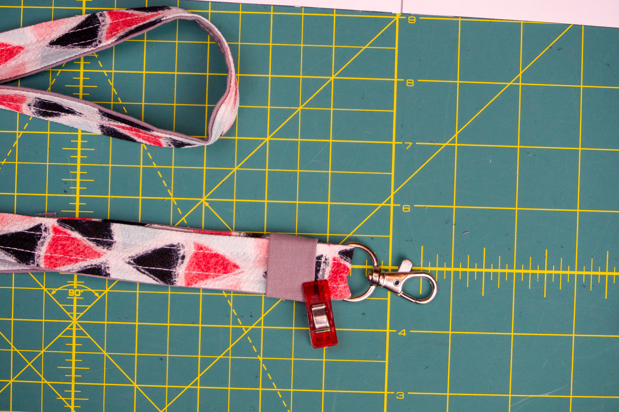 The seam of the lanyard is fully enclosed by the tab.
