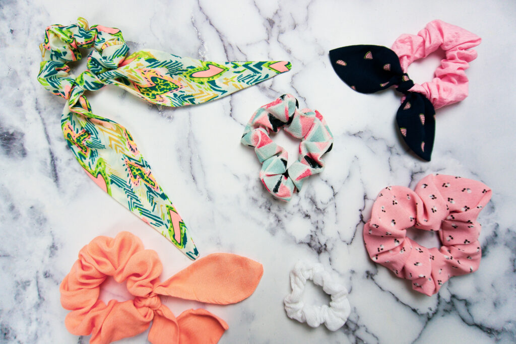 Assorted homemade scrunchies.