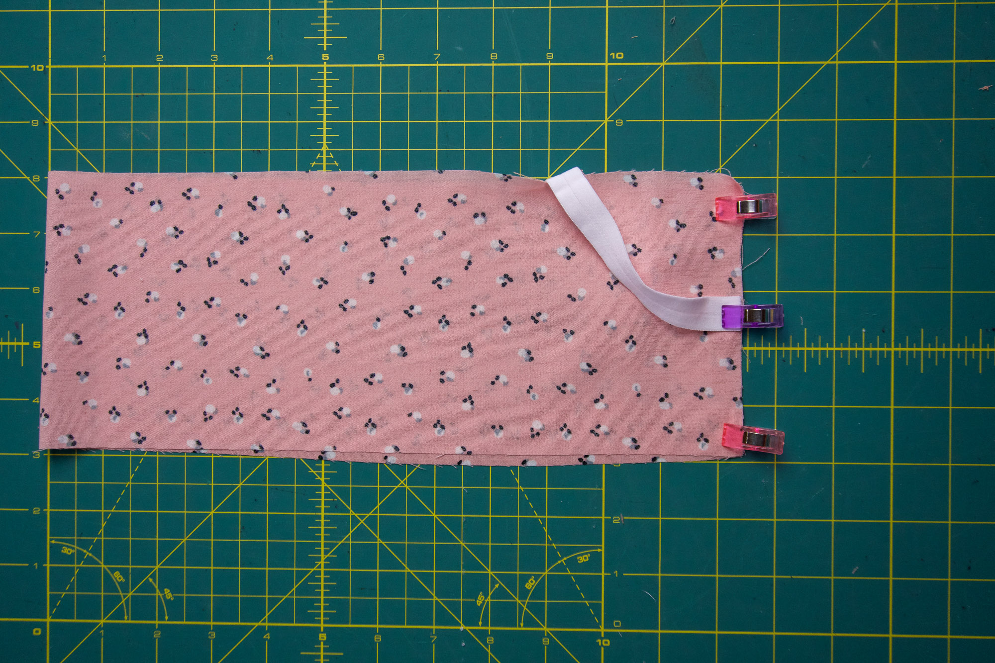 Fabric folded right sides together with an elastic loop secured on the end.